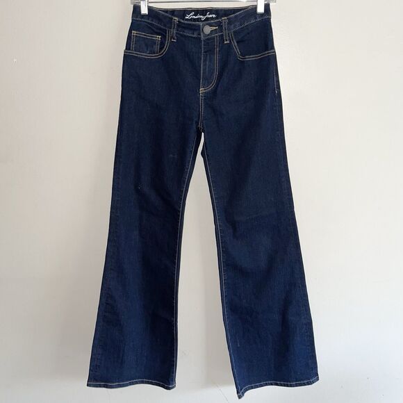 London Wide Leg Jeans 2 Boho Flare Leg Mid Rise Dark Blue Wash Denim Stretch - Picture 2 of 9